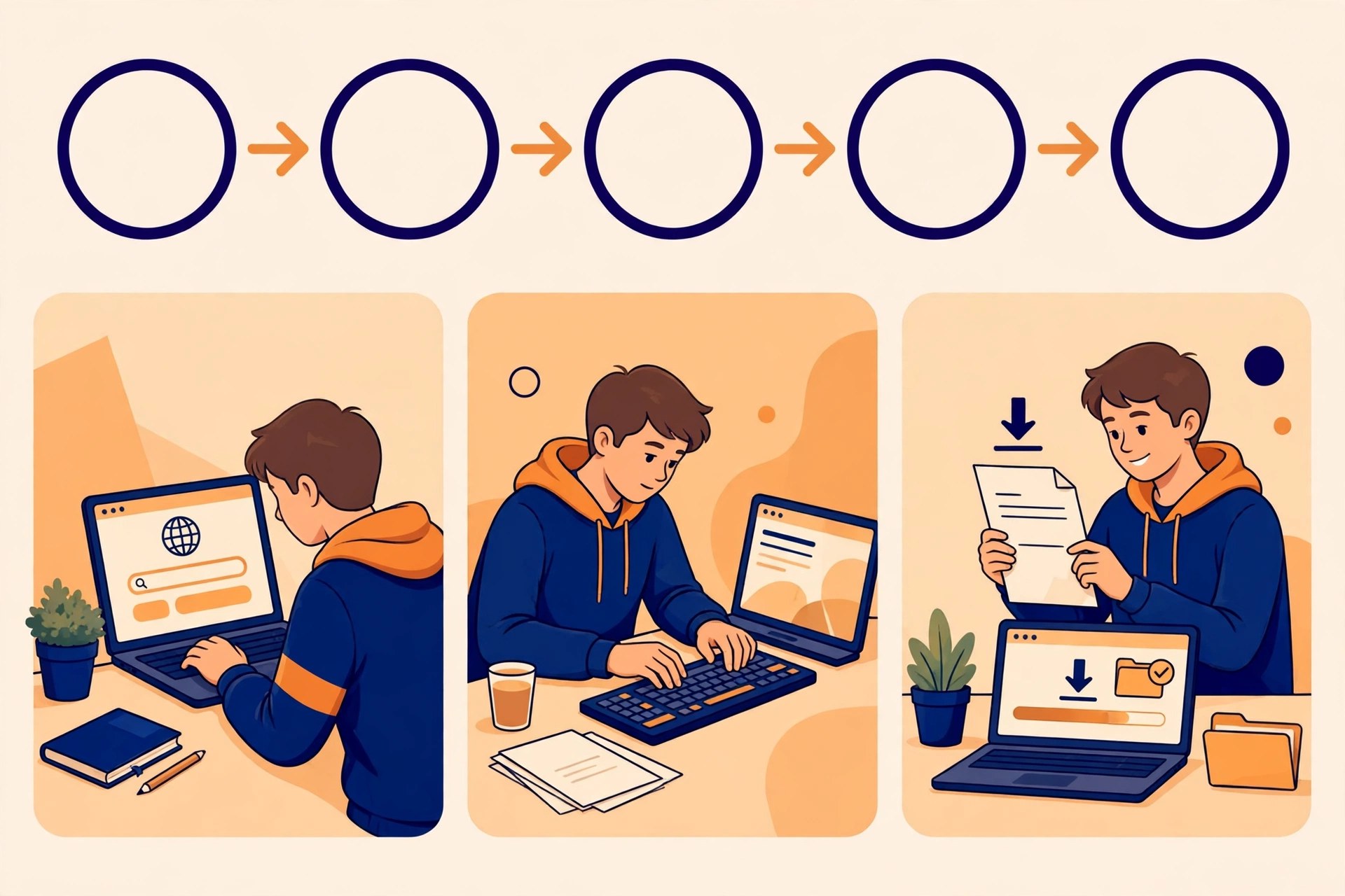 Five steps in a row: open the official website, choose the result link, enter the enrollment number, see the result and download the marksheet