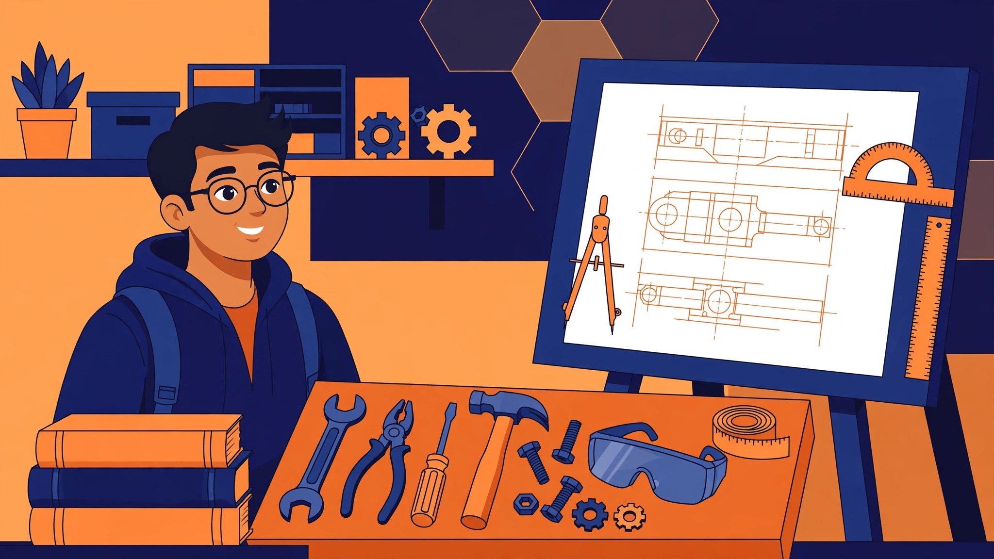 A first-year polytechnic student with books, workshop tools and a drawing board