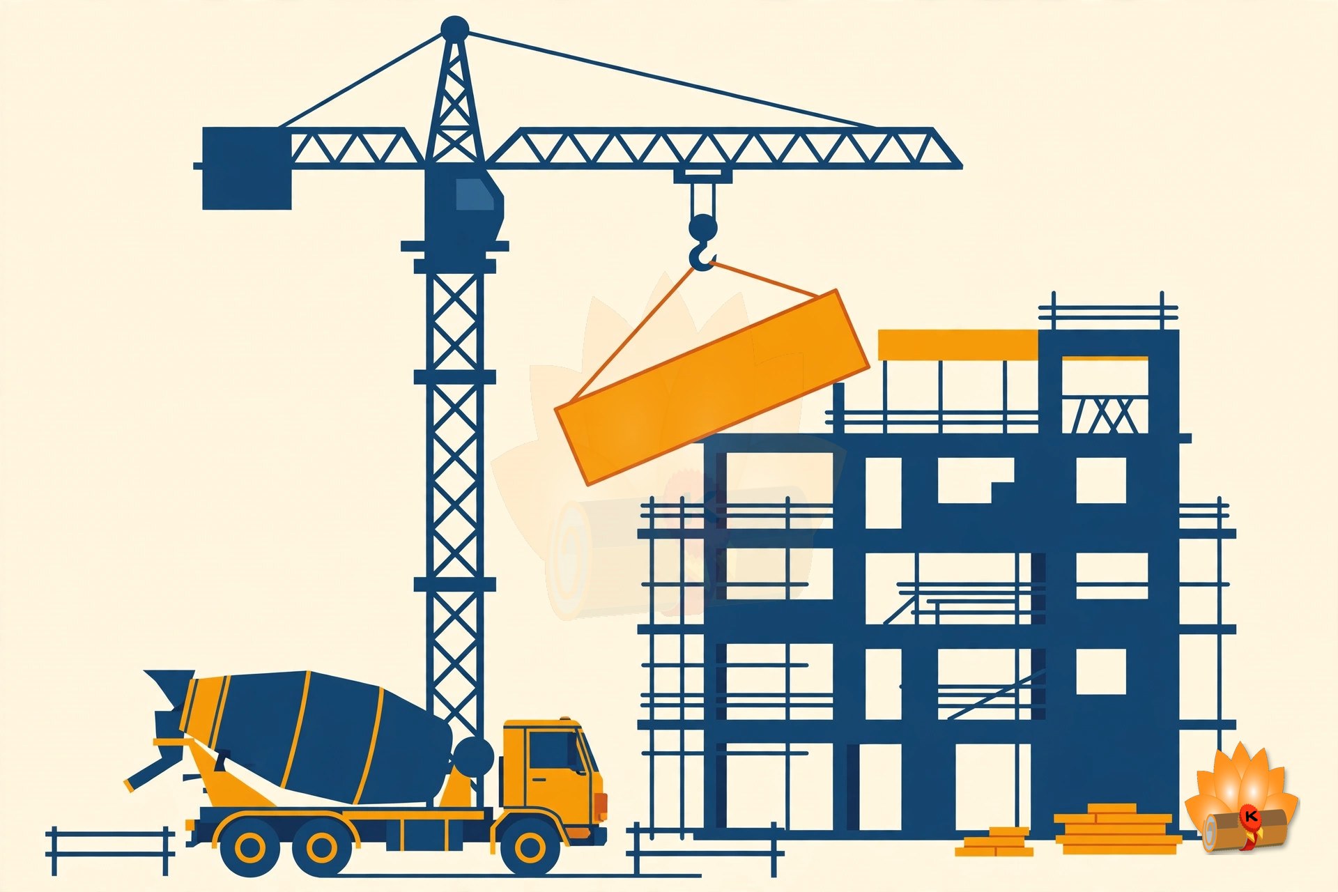 A tower crane lifting a prefabricated concrete panel onto a multi-storeyed building under construction, with a transit mixer below