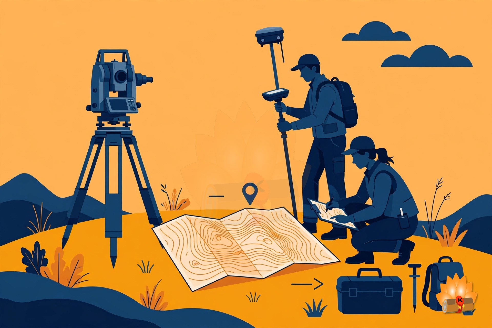 A surveyor with a theodolite on a tripod, a total station, a plane table and a GPS receiver, with a curved road alignment behind them