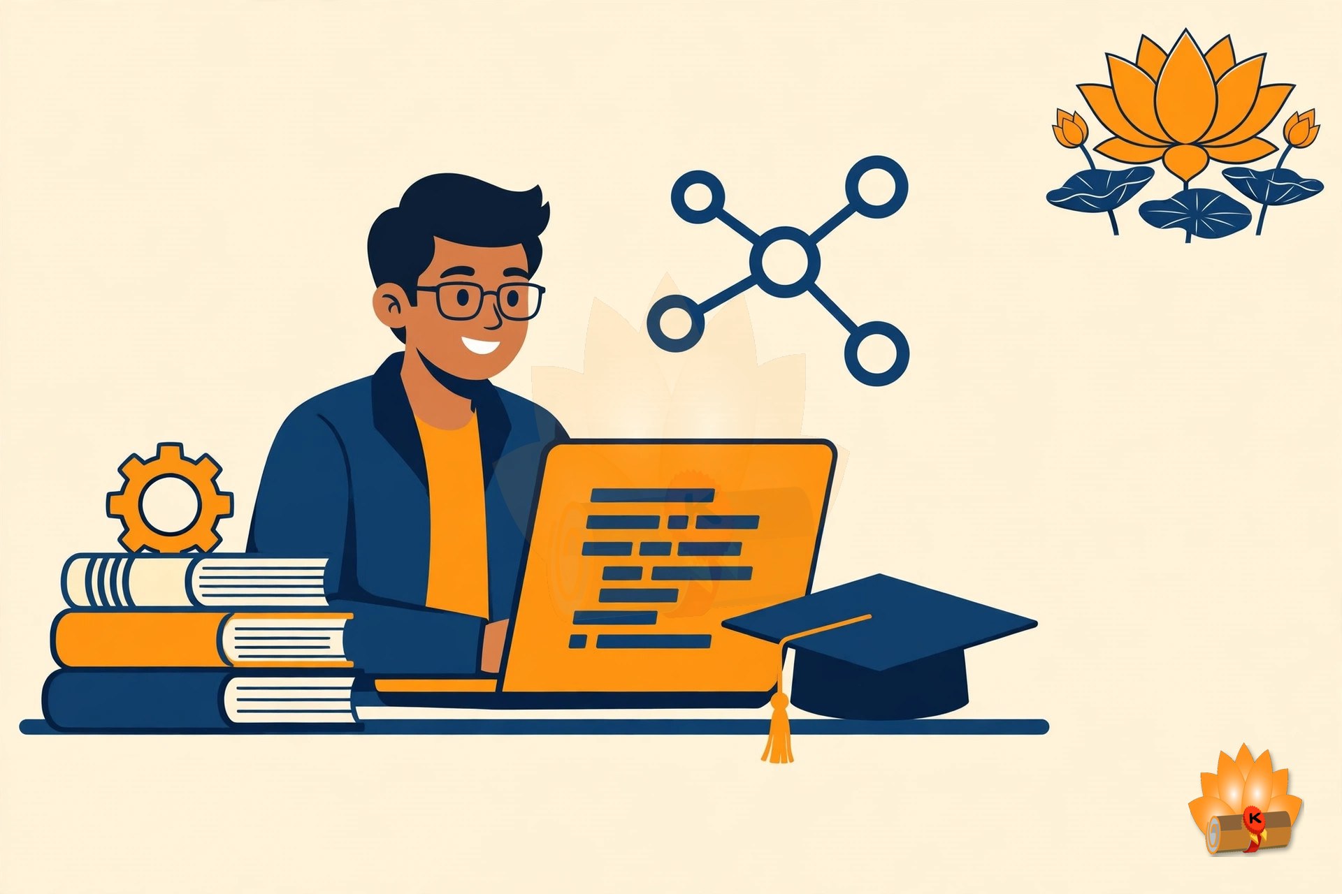 A polytechnic computer science student with a laptop, books and a graduation cap