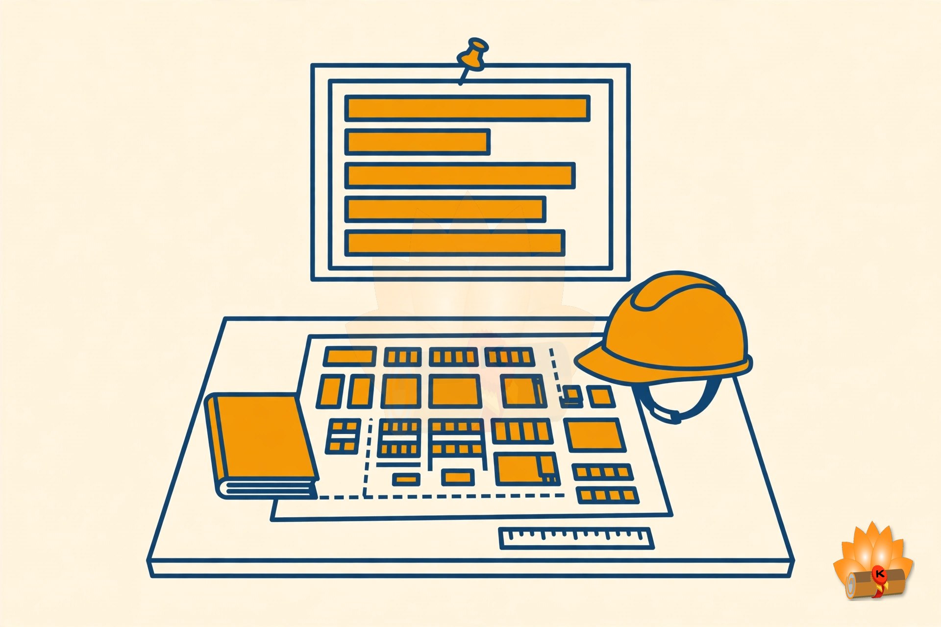 A construction site office with a site layout plan, a bar chart schedule, a measurement book and a safety helmet