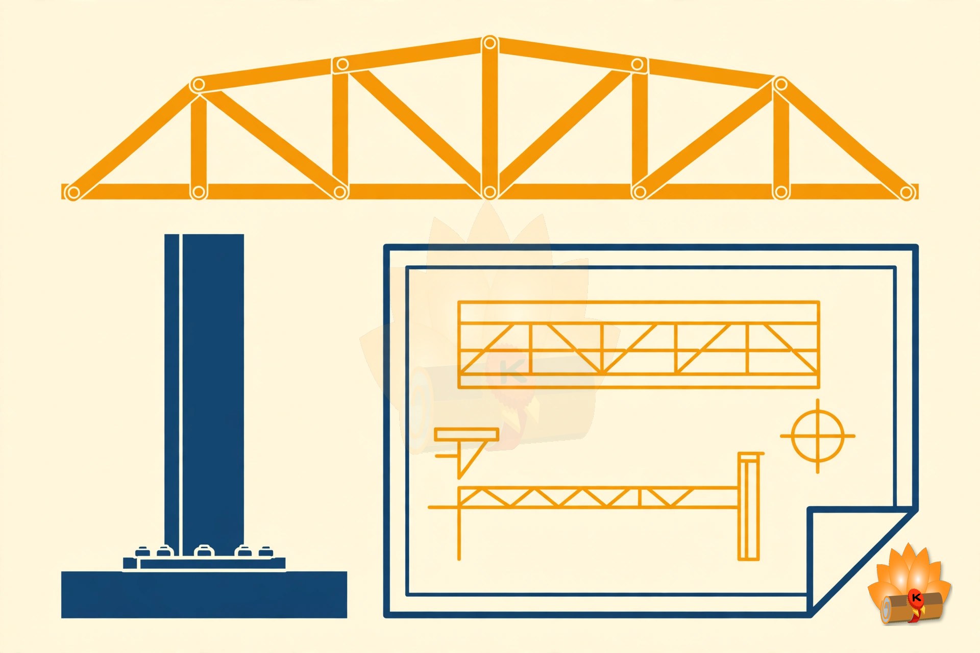 A steel roof truss with bolted joints, a steel column on a slab base, and a drawing sheet showing the truss details