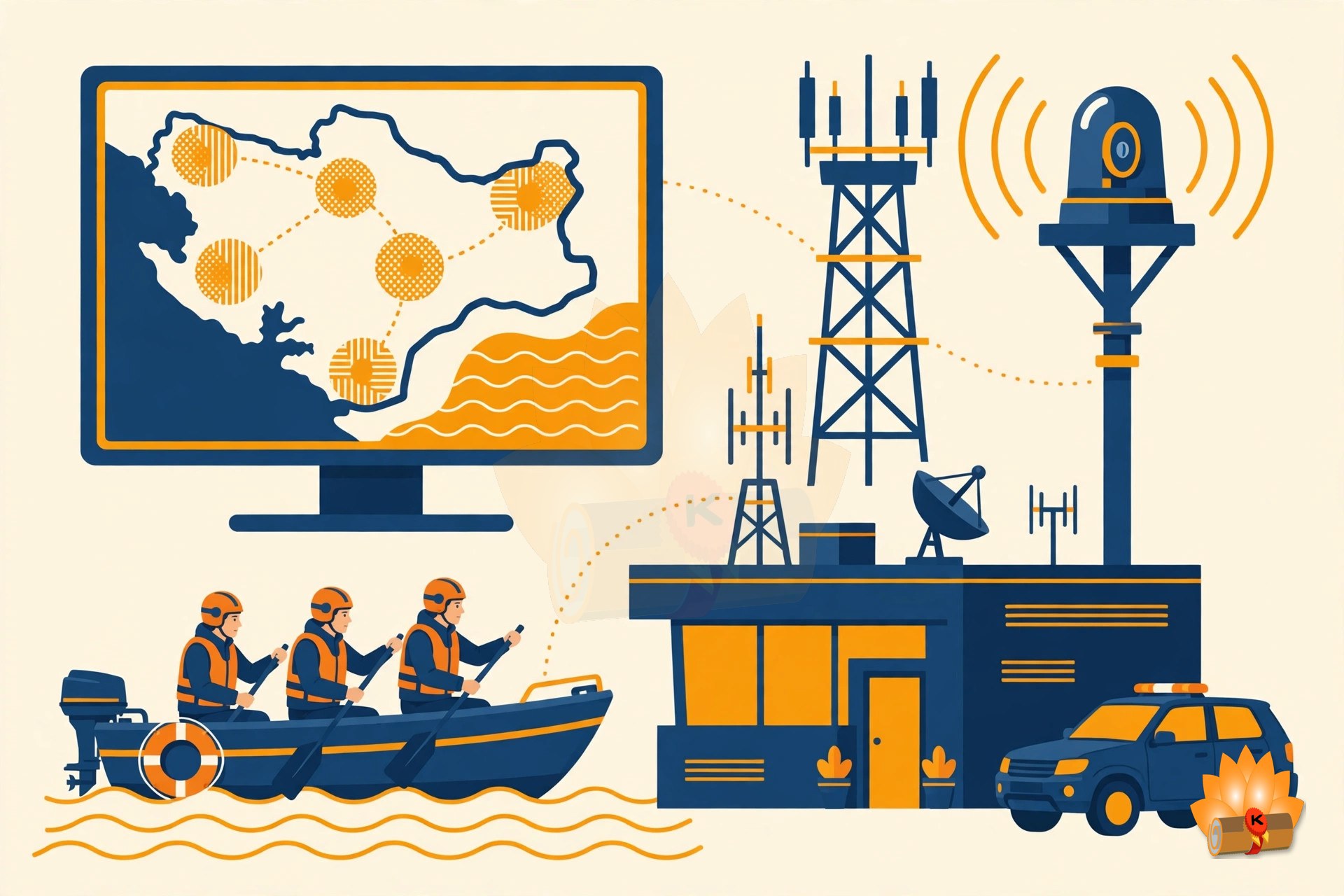 A flood rescue scene with a rescue team and a map showing hazard zones, early warning sirens and an emergency operations centre