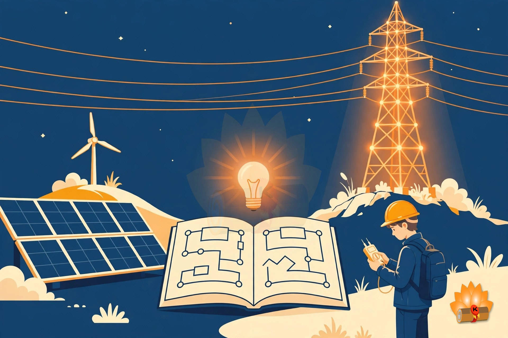 BTEUP Electrical Engineering complete syllabus 2026-27 — power transmission tower, solar panels, wind turbine and circuit diagrams