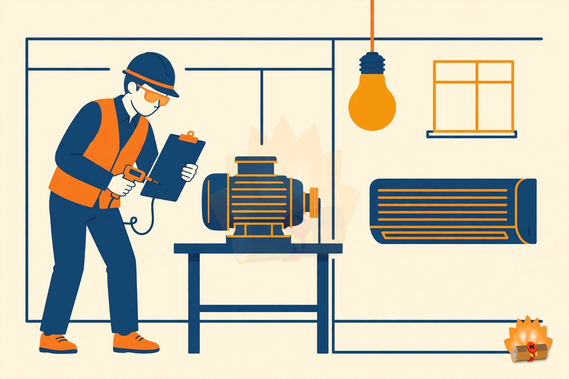 An energy auditor with a clipboard and instruments checking a motor, a light and an air conditioner in a building