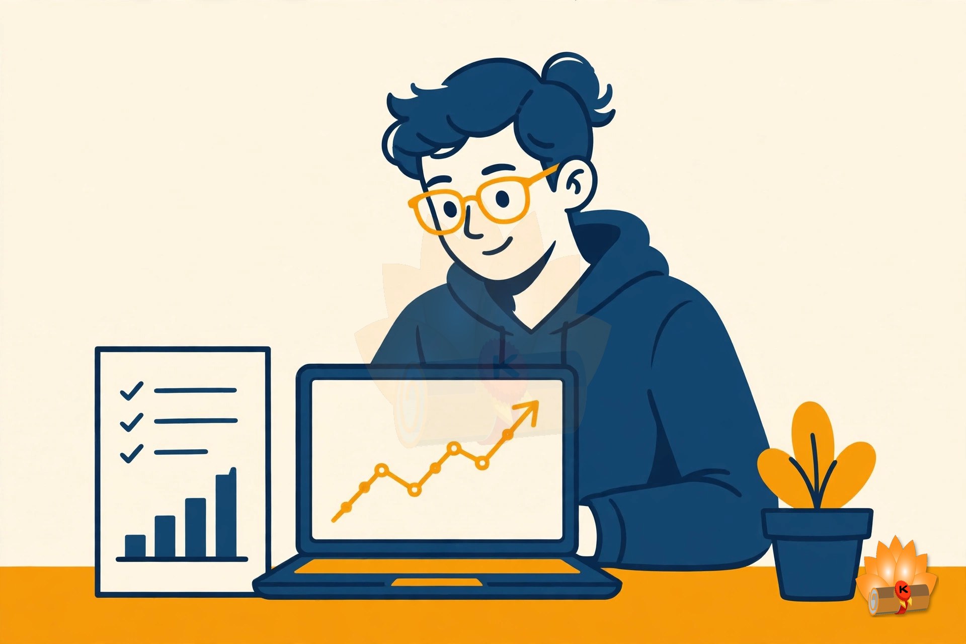 A young entrepreneur at a desk with a business plan, a laptop showing a start-up idea, and a chart of costs and break-even point
