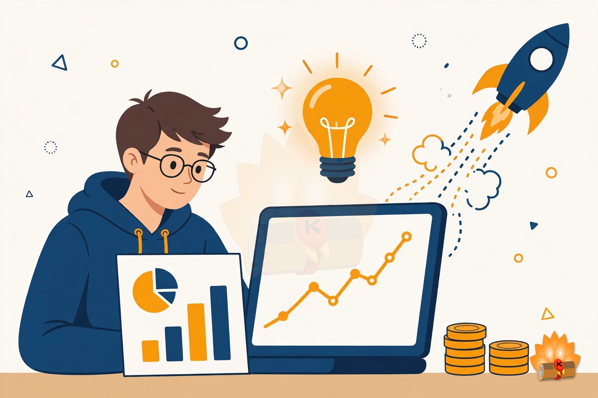 A young entrepreneur at a desk with a business plan, a laptop showing a rising chart, a lightbulb, coins and a small rocket launching