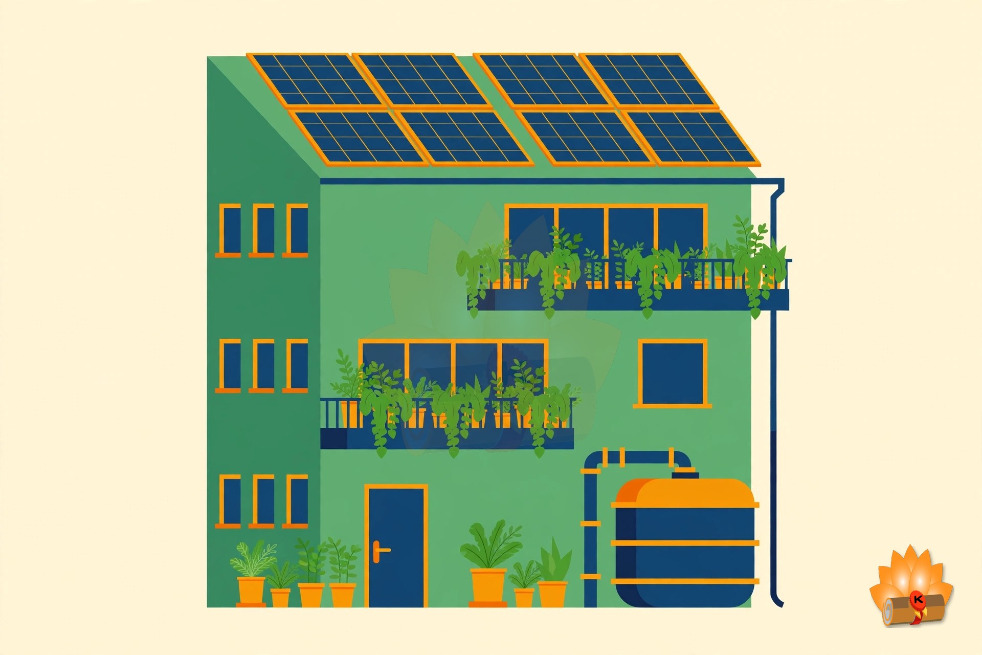A green building with solar panels on the roof, plants on the balconies and a rainwater harvesting tank