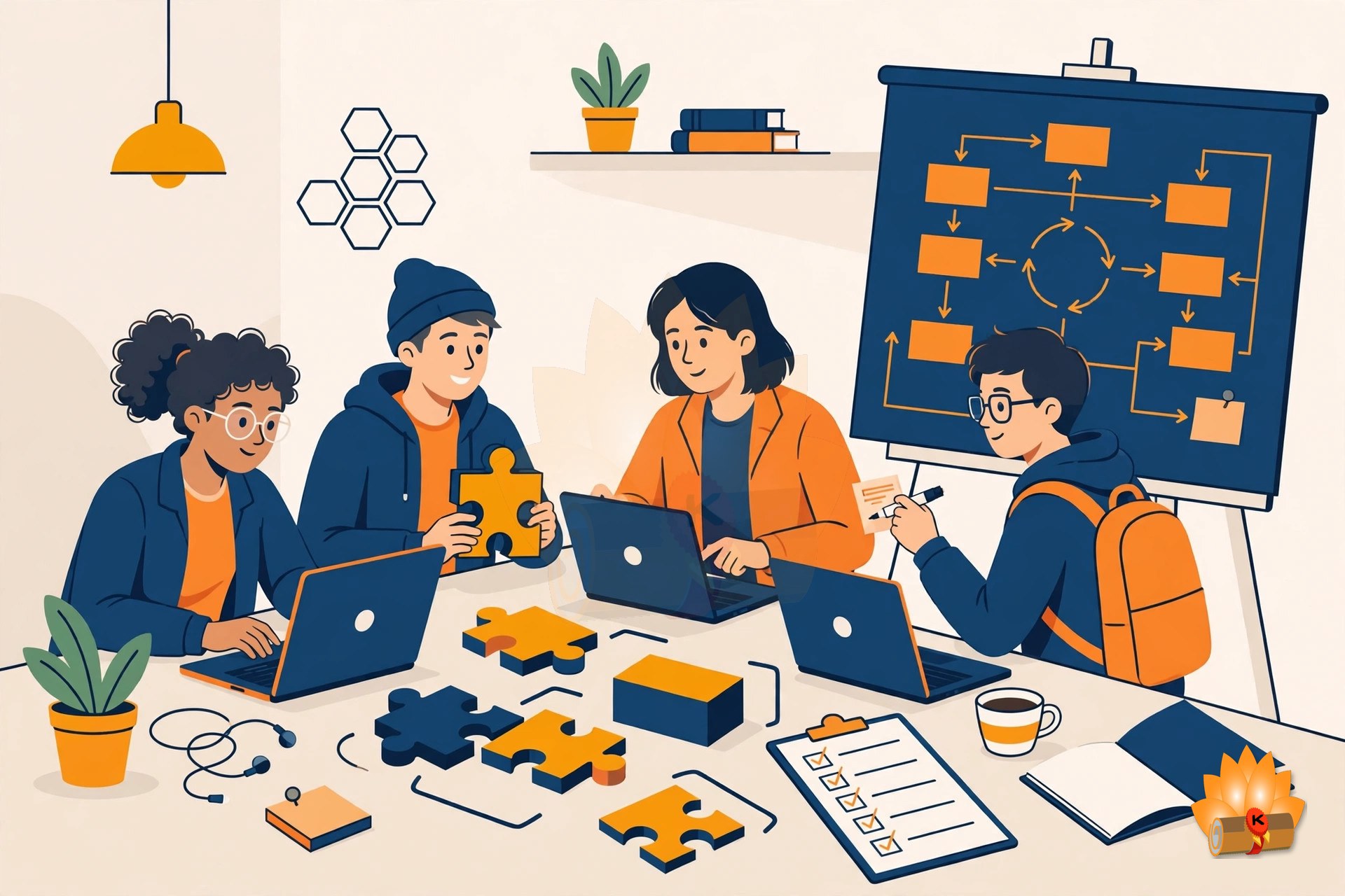 A team of computer science students building a software project together, laptops, code blocks, a checklist and a presentation board