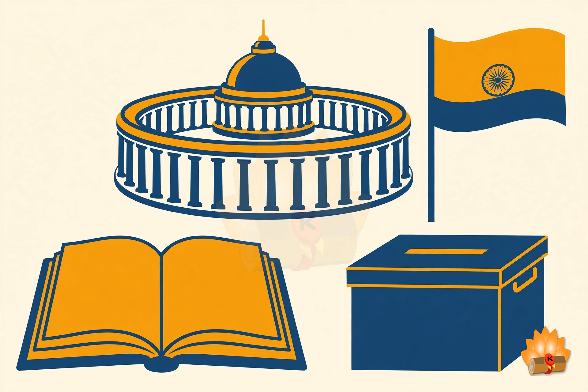 The Indian Parliament House with the national flag, a book of the Constitution and a ballot box