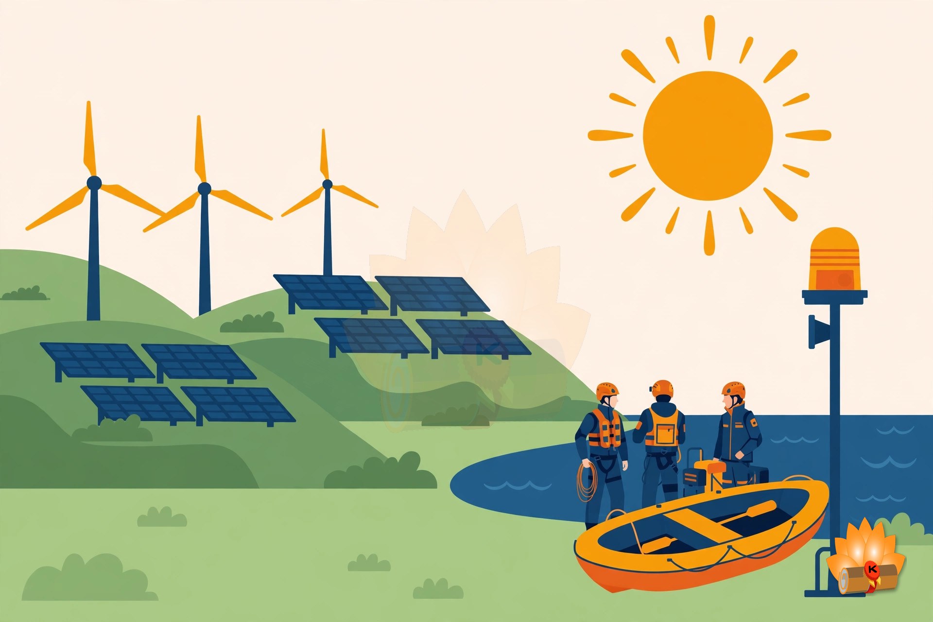 A landscape with solar panels and wind turbines on green hills beside a rescue team with a lifeboat and a warning siren under a bright sun