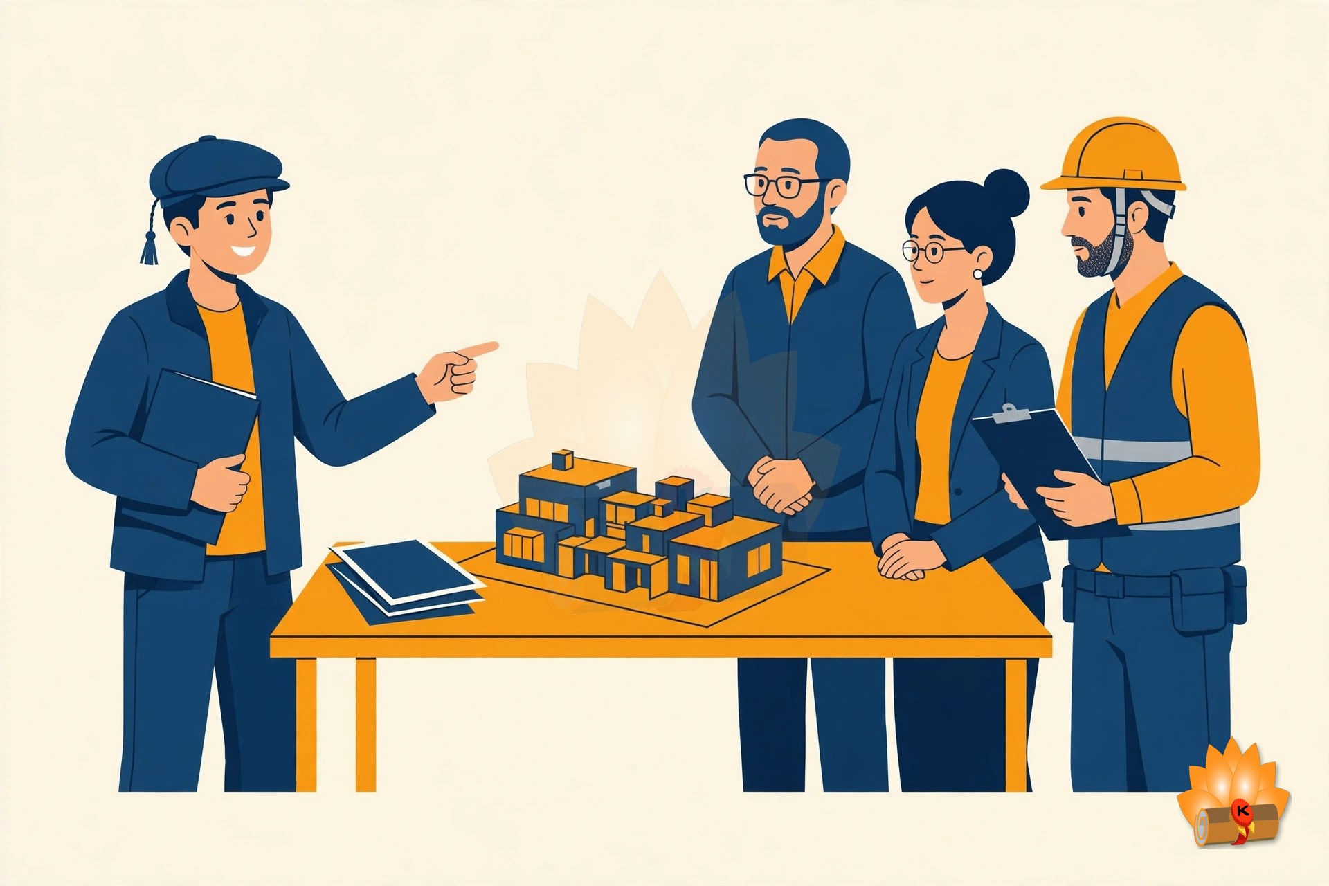 A diploma student presenting a major project model and report to teachers and a site engineer, with a building model on the table