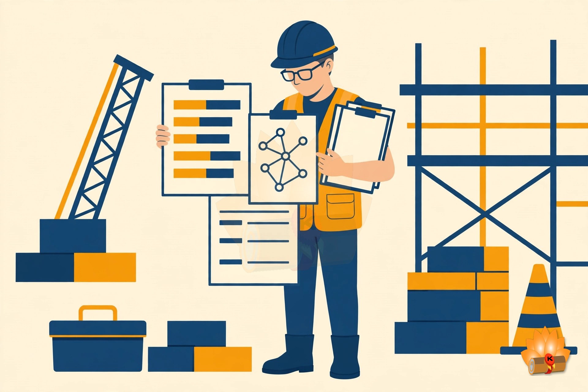 A project manager at a construction site with a bar chart, a network diagram and a cost sheet, tracking progress against the schedule