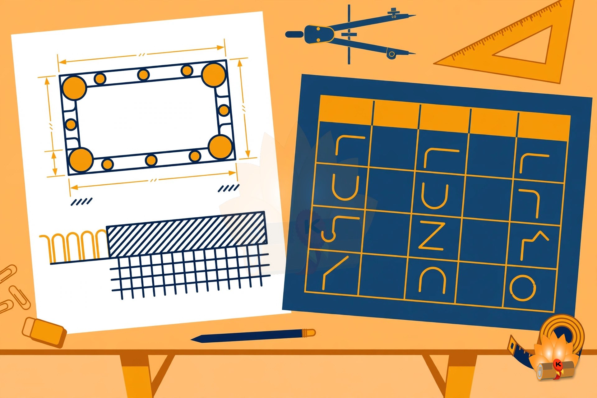 A drawing sheet showing the reinforcement details of an RCC beam with stirrups, a column with lateral ties, and a bar bending schedule