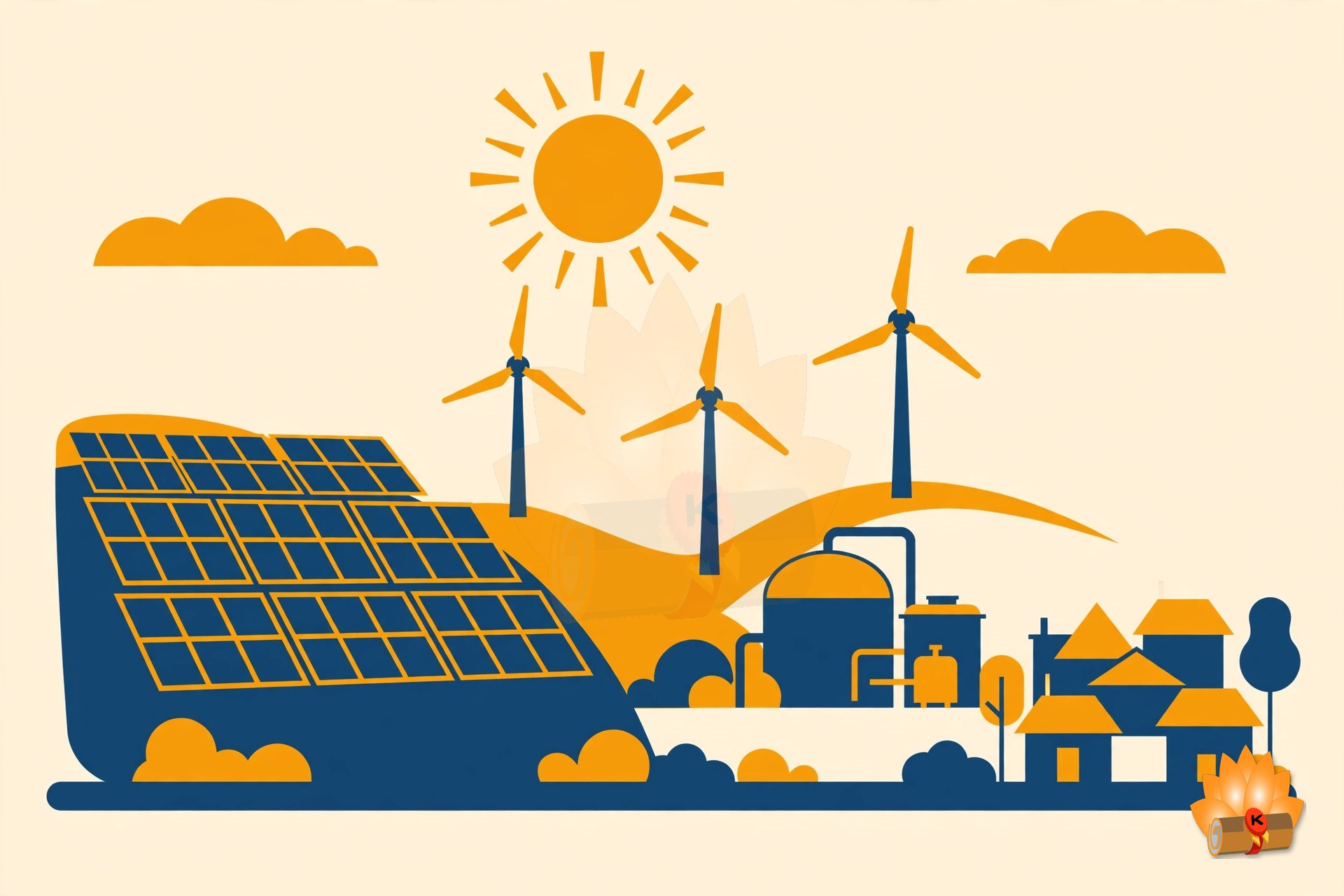 A landscape with solar panels, wind turbines and a small biogas plant beside a village, under a bright sun