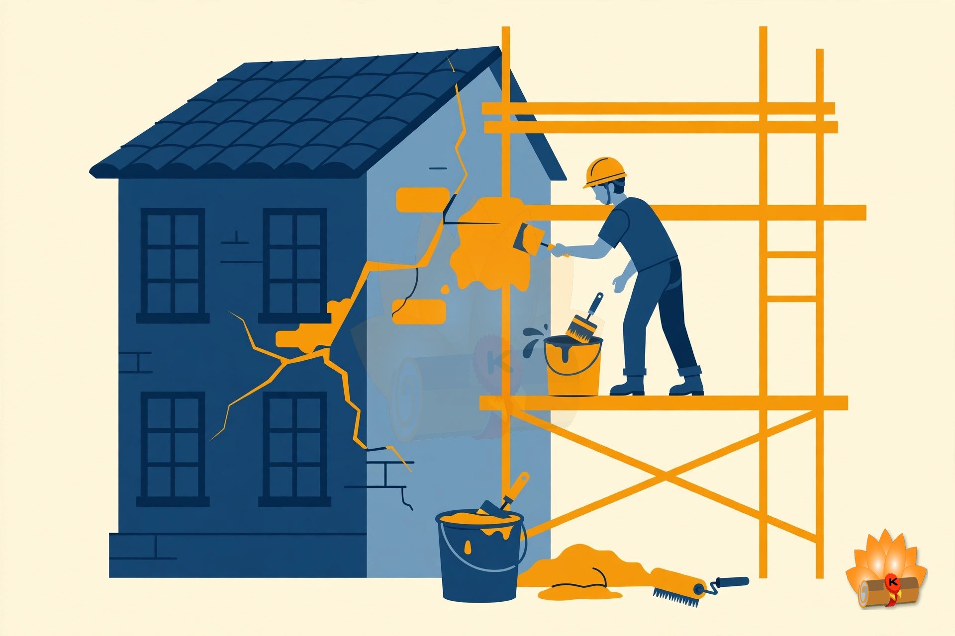 An old building with a cracked wall being repaired, with scaffolding, a worker applying repair mortar and a waterproof coating