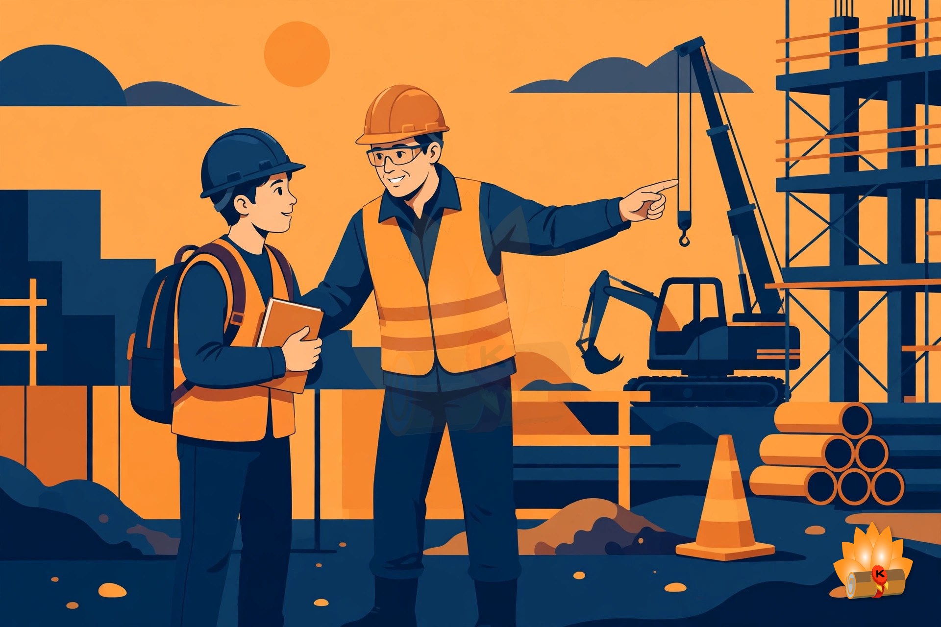 A diploma student in a safety helmet at a construction site with a site engineer, keeping a daily diary of the training