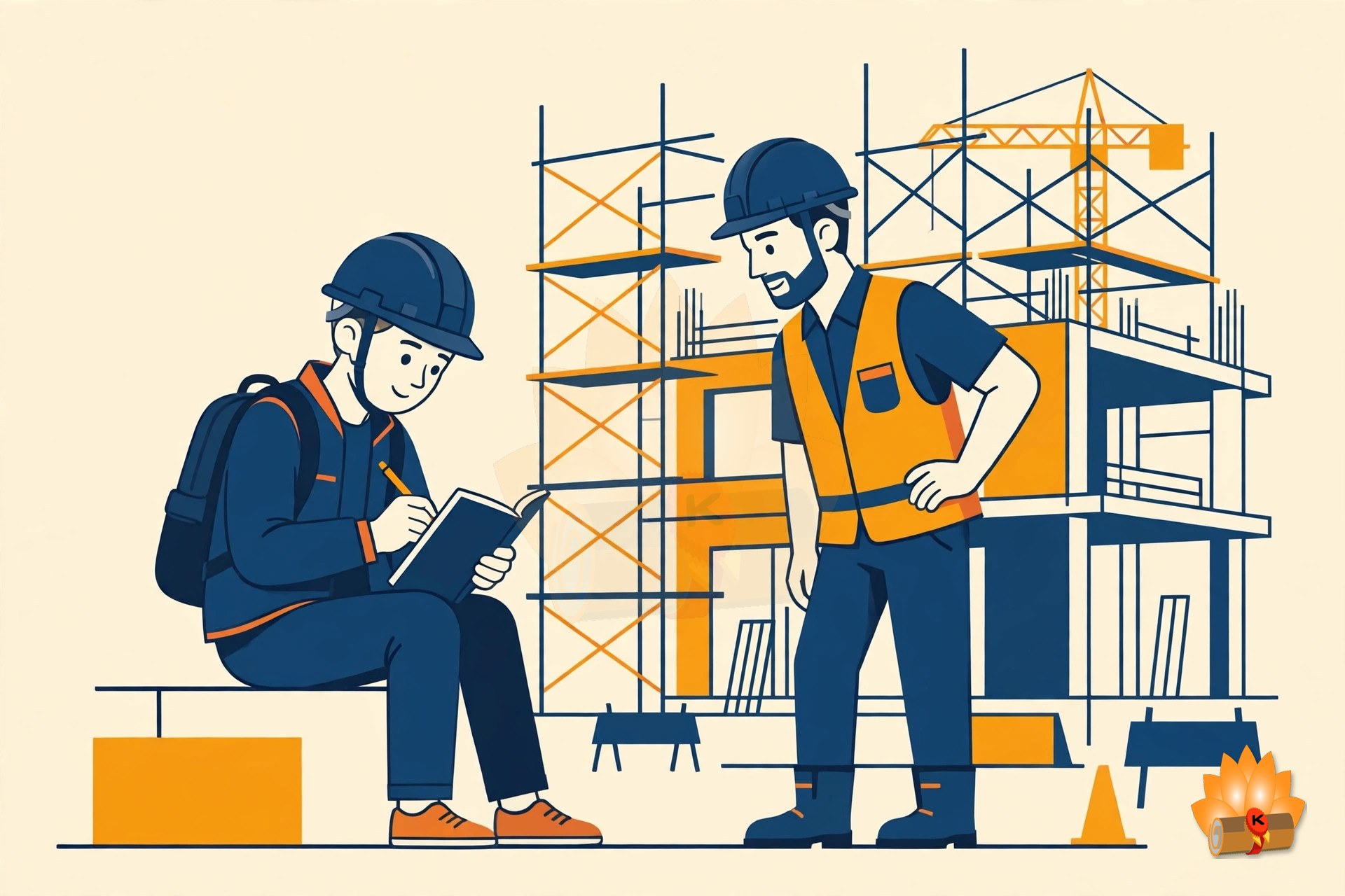 A diploma student in a safety helmet at a construction site with a site engineer, keeping a daily diary of the training