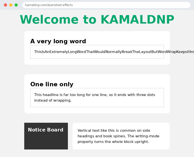 Output of CSS Text Effects — Shadows, Wrapping & Overflow